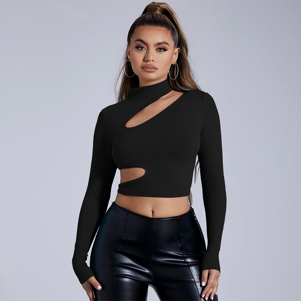 Cross-border women's clothing Europe and America 2024 autumn and winter semi-turtleneck black long-sleeved sexy T-shirt short tights