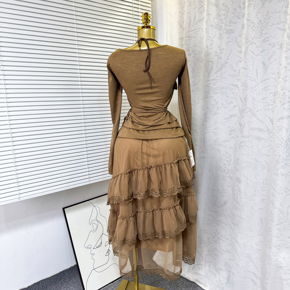 Commuting style ruffleshalter mesh two-piece set female autumslimslimming lookhigh waistsuitautum wear