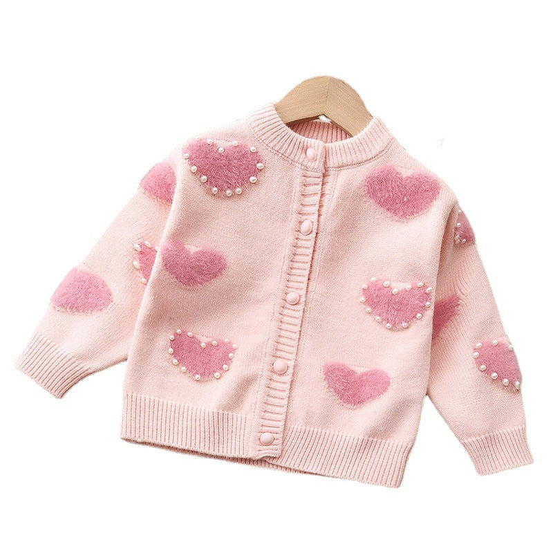 Girls' knitted sweater -  new style baby girl pearl heart pullover cardigan - sweetheart princess fashion top