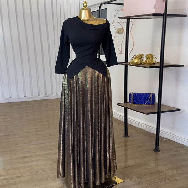 European and American  women's clothing 2025 summer new temperament diagonal collar irregular top high waist pleated skirt set