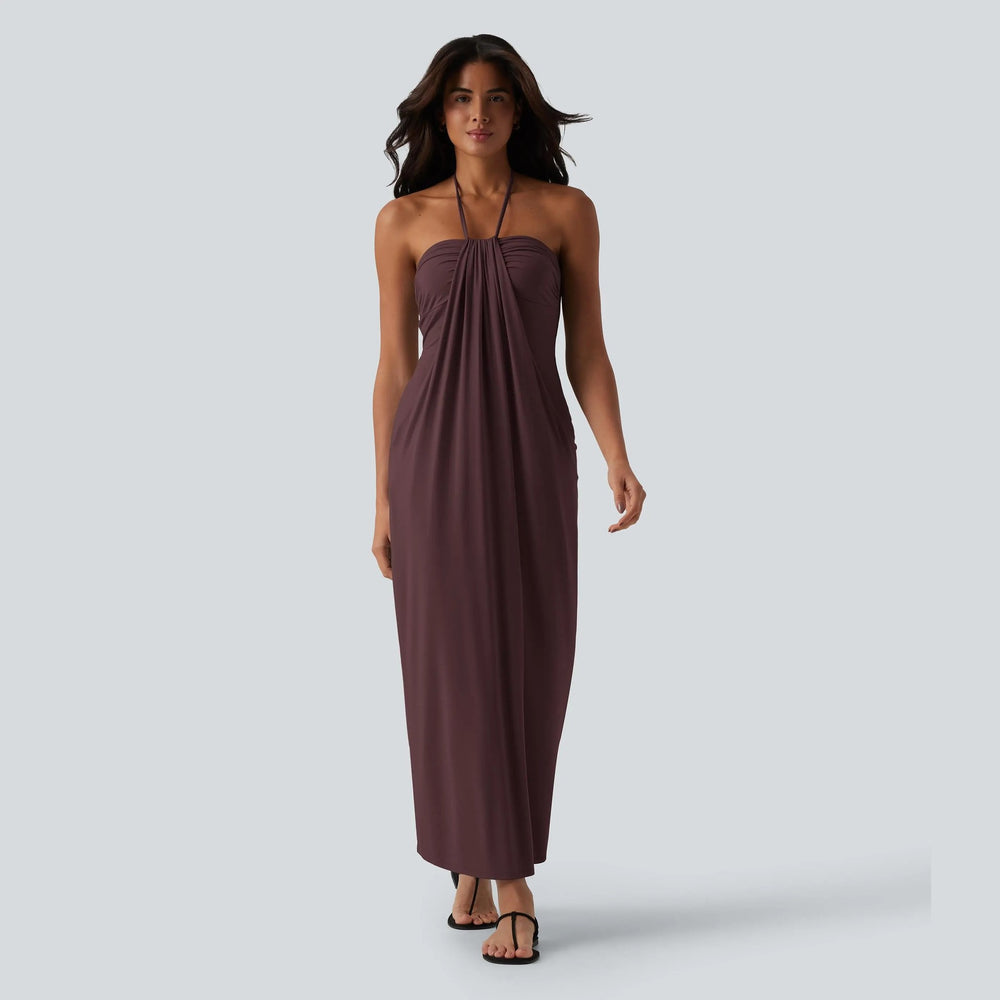 European and american cross-border women's fashion:  summer new arrivals - stylish vacation-inspired solid color halter neck tie-back backless dress wholesale
