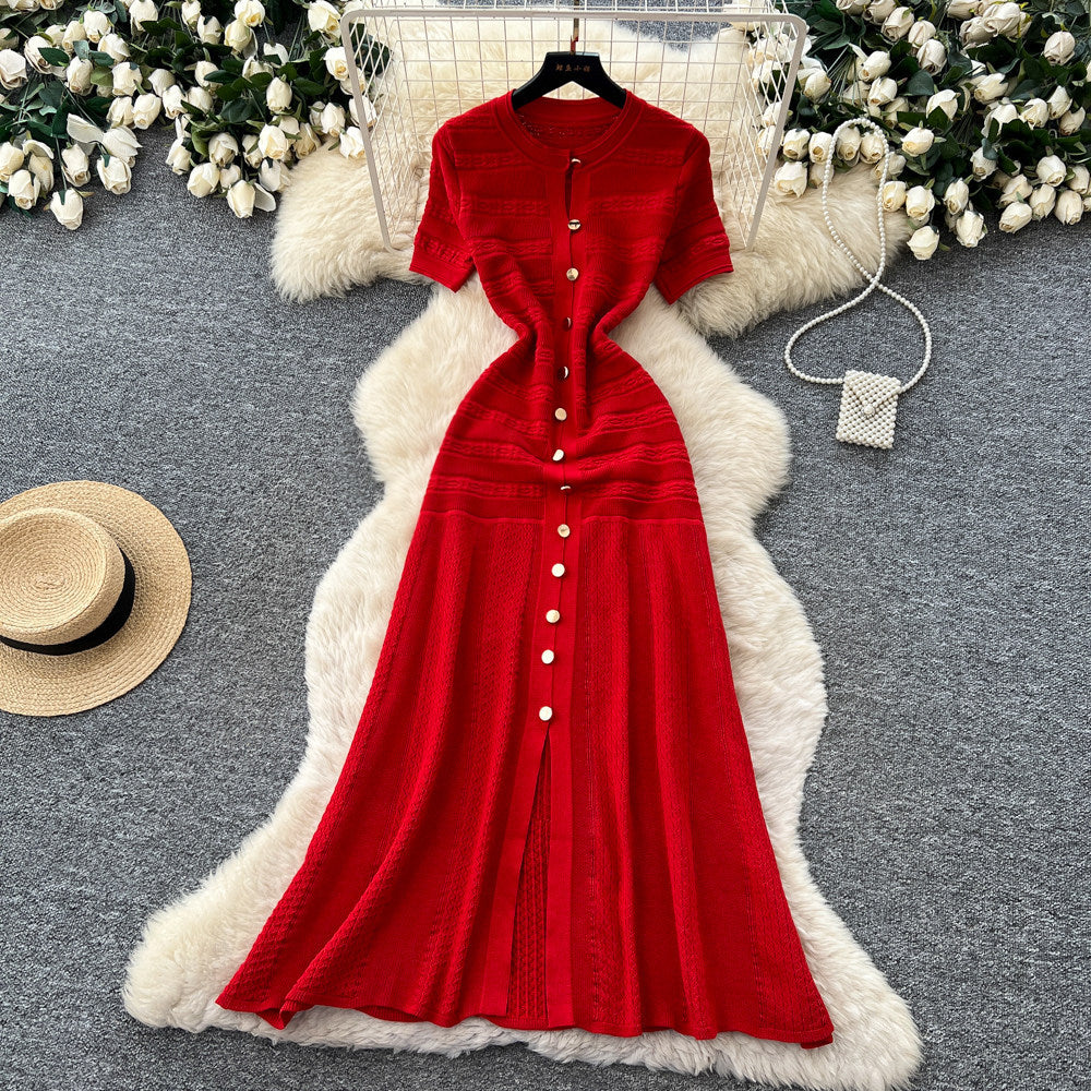 exportelegance style pure color single breasted knittingdress women's summerk-style silm slit long skirt dres