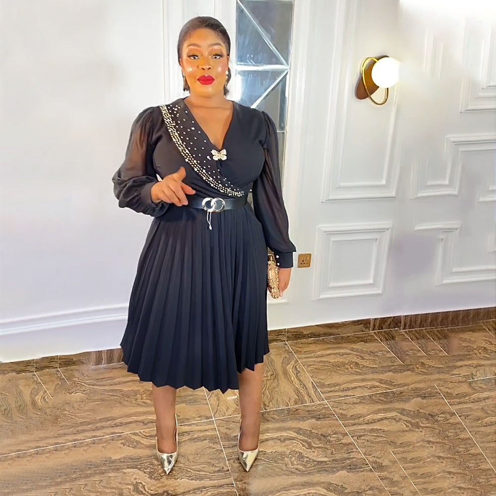 Fashionexport chiffon pleated skirt with belt african tiktok  women's clothing plus sizedress comes with brooch