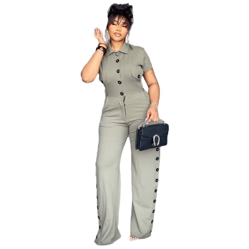European and american style women's fall  new collection: sweet turn-down collar single-breasted short-sleeve blouse and high-waisted straight-leg pants two-piece set
