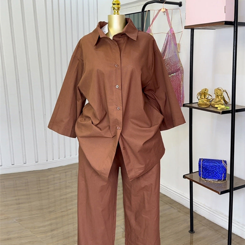 European and american cross-border women's fashion  autumn new arrival: african-inspired loose-fit brown shirt and wide-leg pants casual set with turn-down collar
