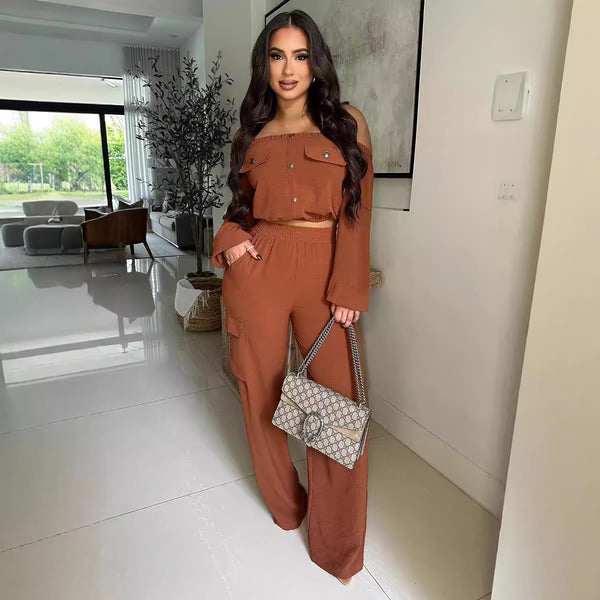 Y5262 autumn European and American  women's clothing fashion one-word shoulder solid color long-sleeved casual two-piece set