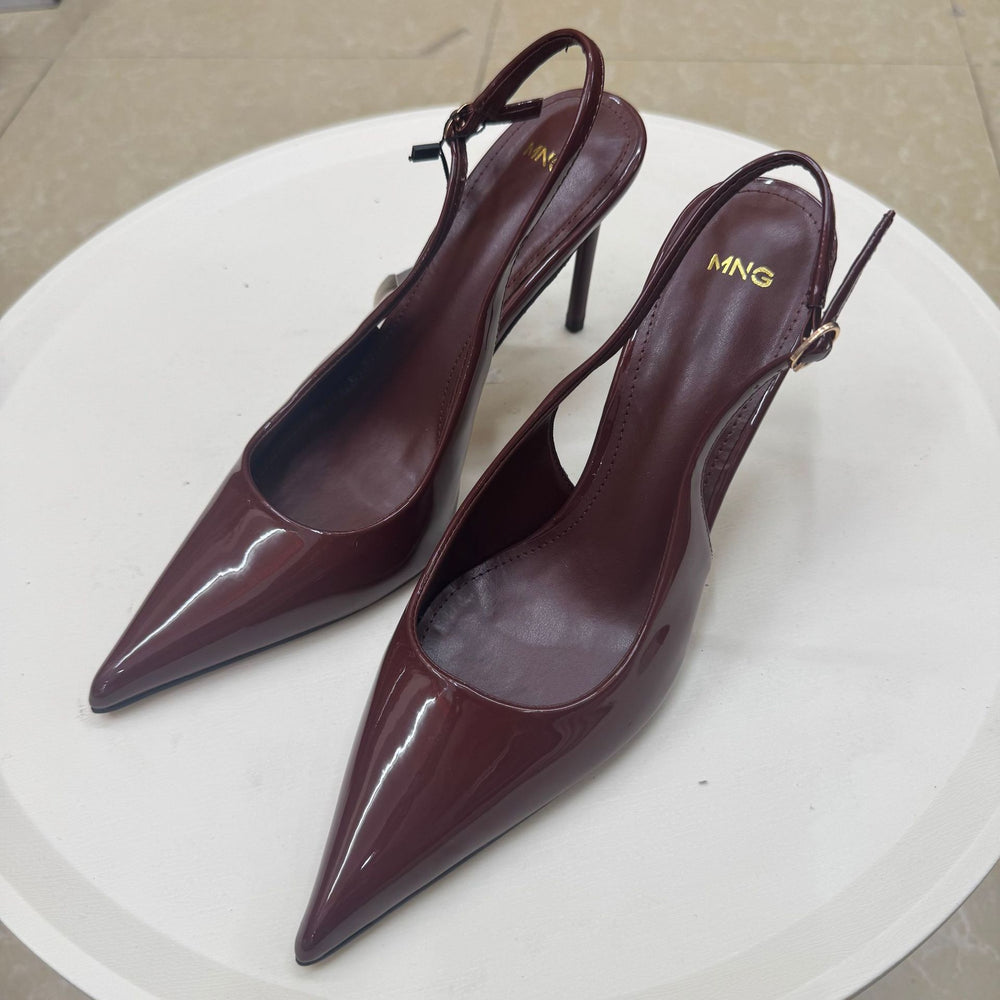 Spanish mng mango 2026 summer new pointed-toe patent leather sexy buckle closed-toe stiletto heel sandals for women