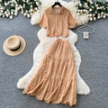 Vacation style pink cut outlacetwo-piece set women's summer short-sleeved intellectual high waistslimming lookwork clothingelegantsuit