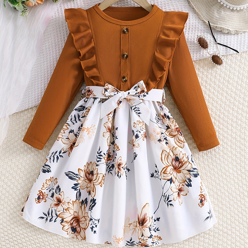 girls' dress - korean style autumn new arrival - ruffle trim long sleeve dress - floral print children's dress