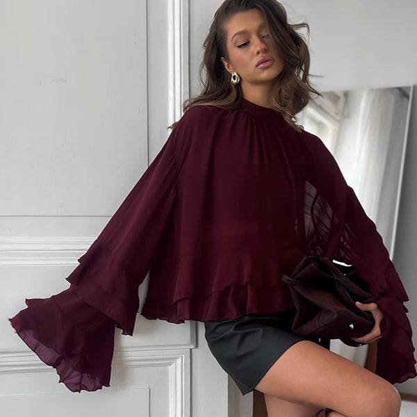Cross-border Europe, America and 2025 autumn new women's clothing solid color chiffon top ruffle edge long sleeve laminated casual shirt