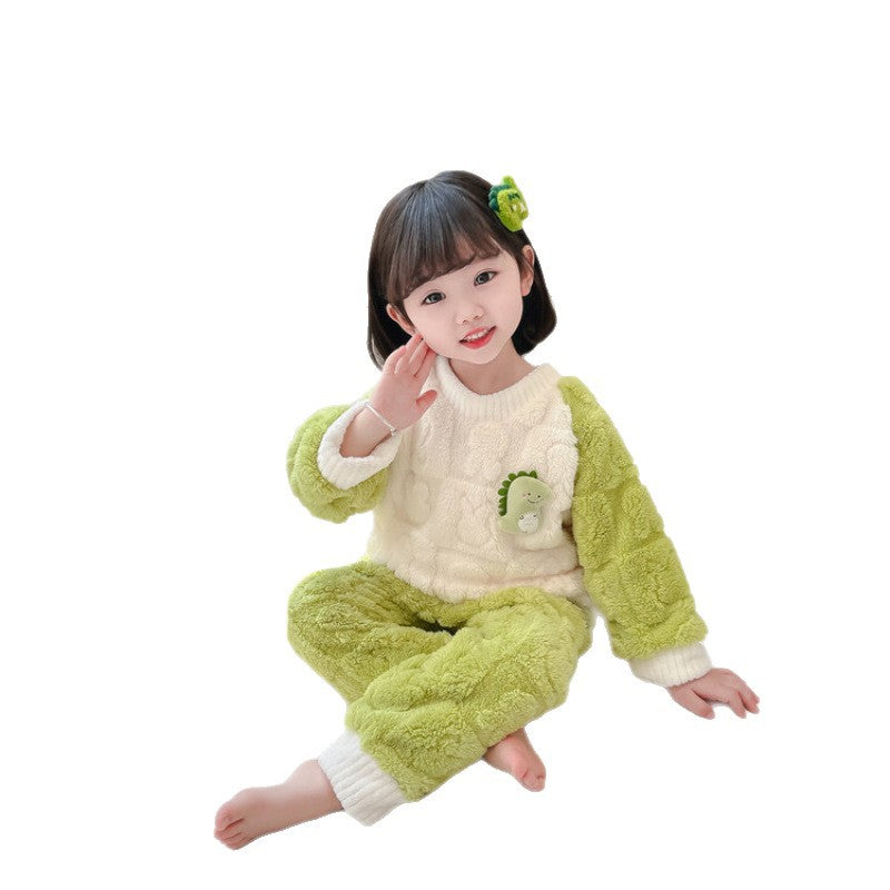 【candy colors】girls' winter flannel pajama set - kids' cartoon fleece-lined warm loungewear for boys and girls