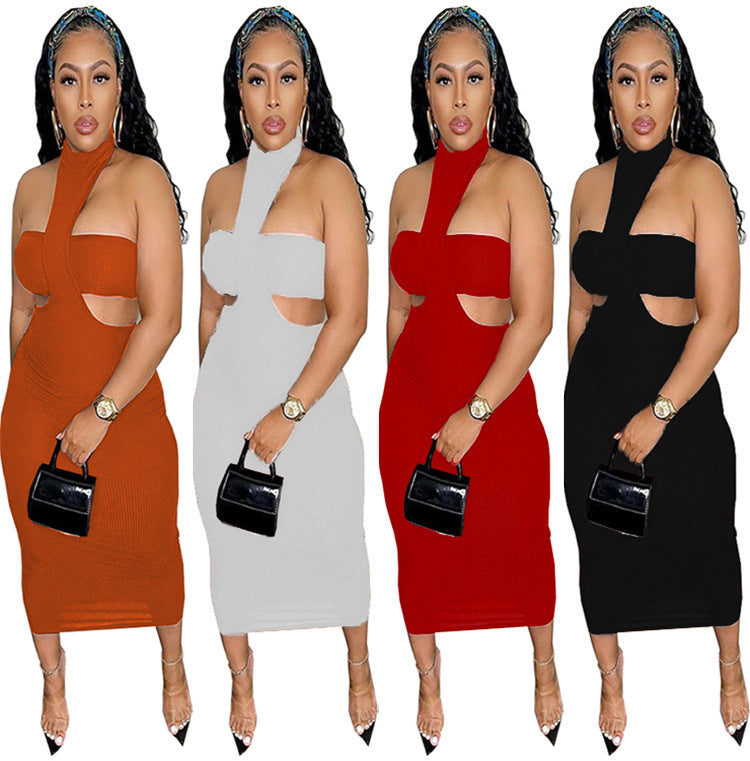 European and american cross-border women's fashion  summer sexy backless solid color halter neck tube top ribbed maxi dress two-piece set