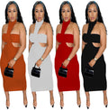European and american cross-border women's fashion  summer sexy backless solid color halter neck tube top ribbed maxi dress two-piece set