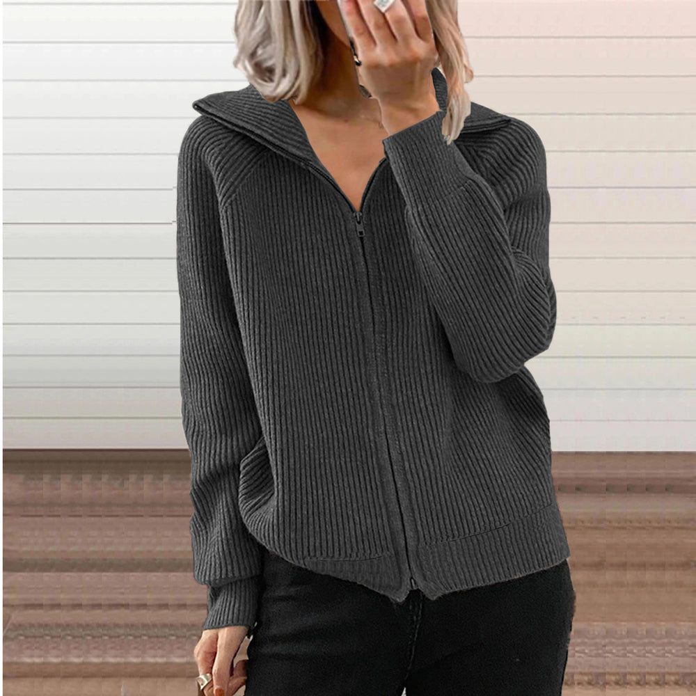 Fashion cross-border fall and winternew arrivalstripescasualoutwearlooseknitting shirt zipper cardiganlong sleeves lapel sweater women