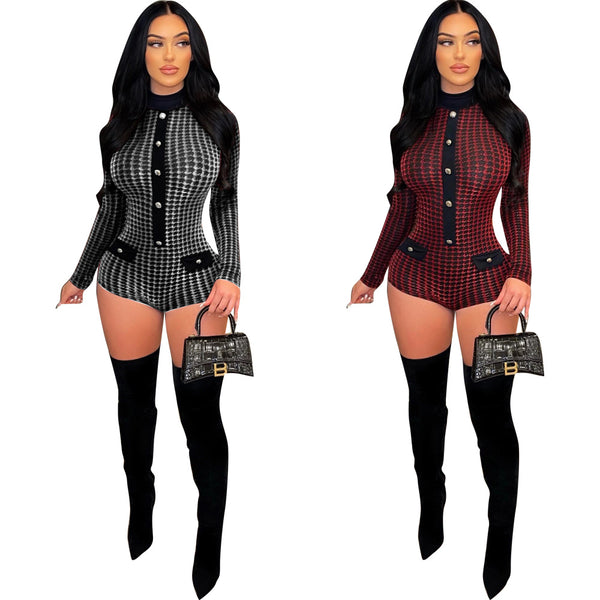 5530  fashion women's clothing 2022 spring new nightclub style sexy tight thousand bird grid long-sleeved jumpsuit shorts