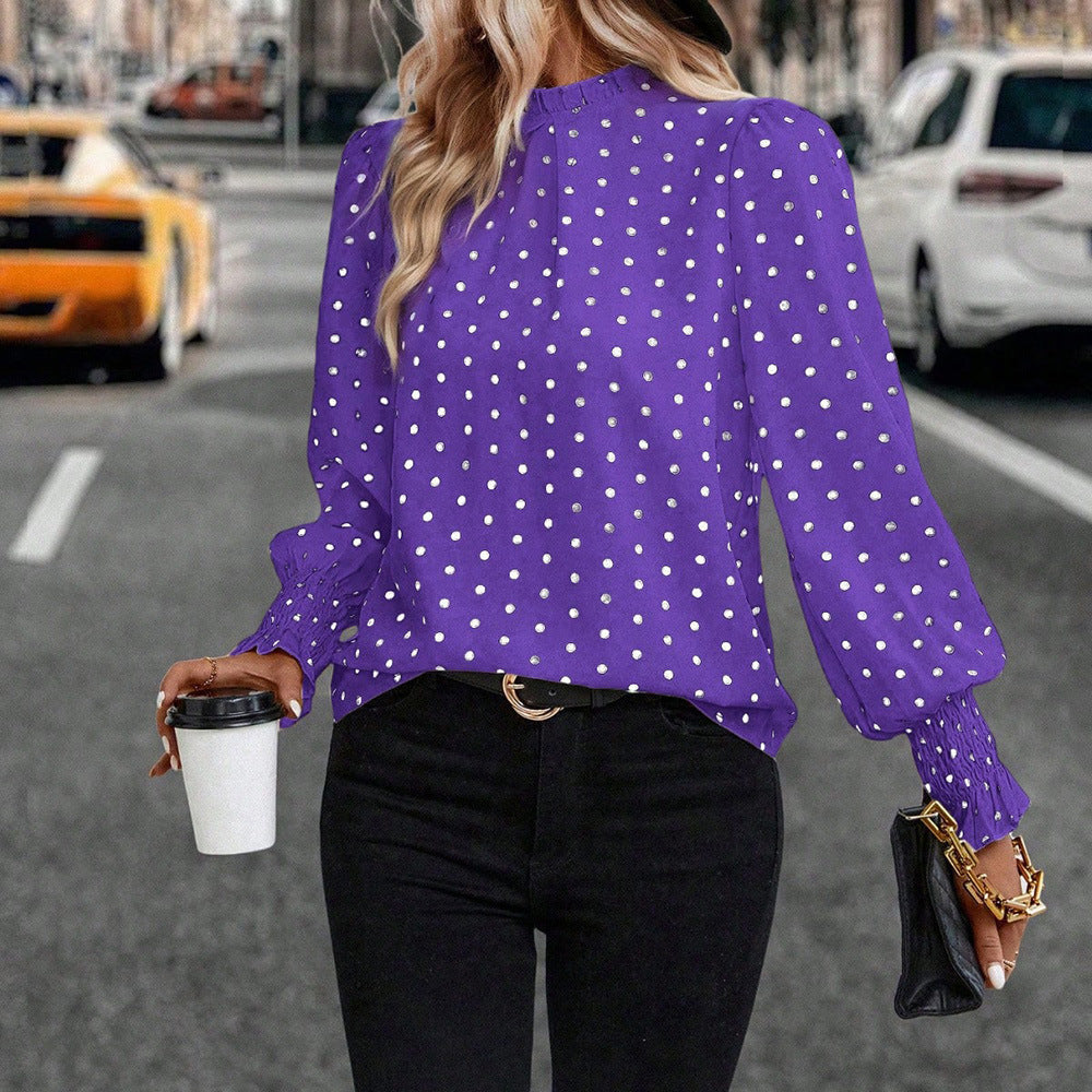 European and american cross-border women's apparel:  spring/autumn new collection - printed pullover cropped top with polka dot long sleeves