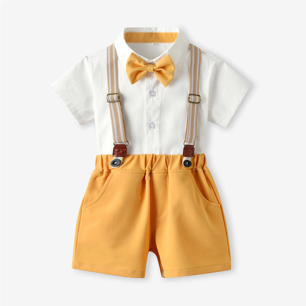 Boys' summer short-sleeve overalls set: cotton white shirt birthday performance outfit, korean style kids' clothing