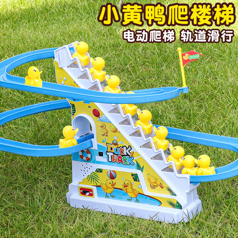 children's toy gift set featuring a large duck climbing stairs, an electric slide, a track car, and educational toys for babies. dropshipping available