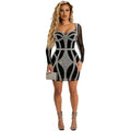 C5846   fashion european and american style nightclub rhinestone mesh see-through bandeau long sleeve midi dress