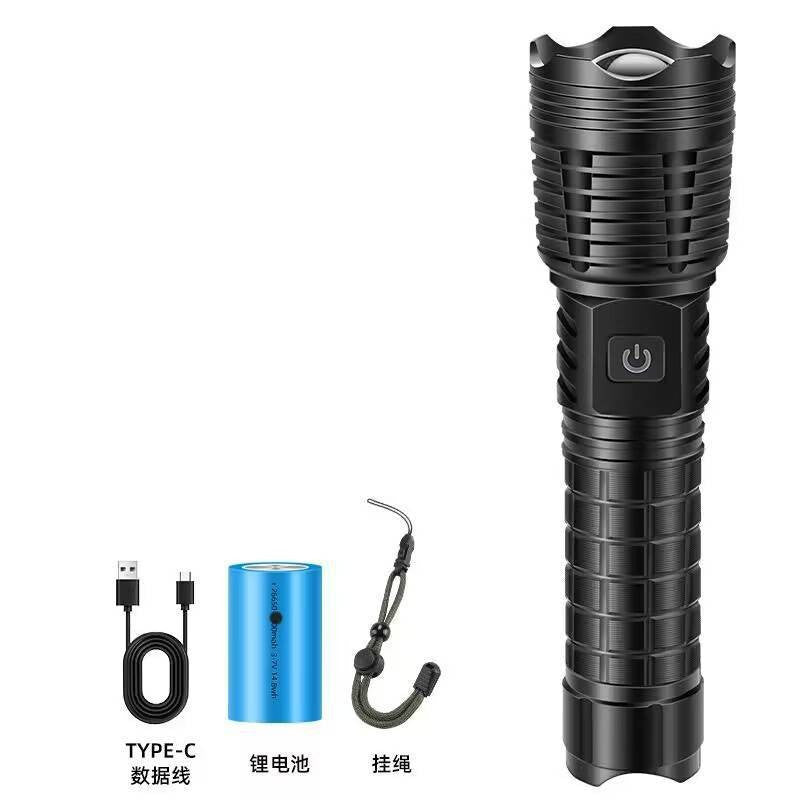 White laser telescopic zoom strong light flashlight power display USB charging household outdoor lighting strong light flashlight