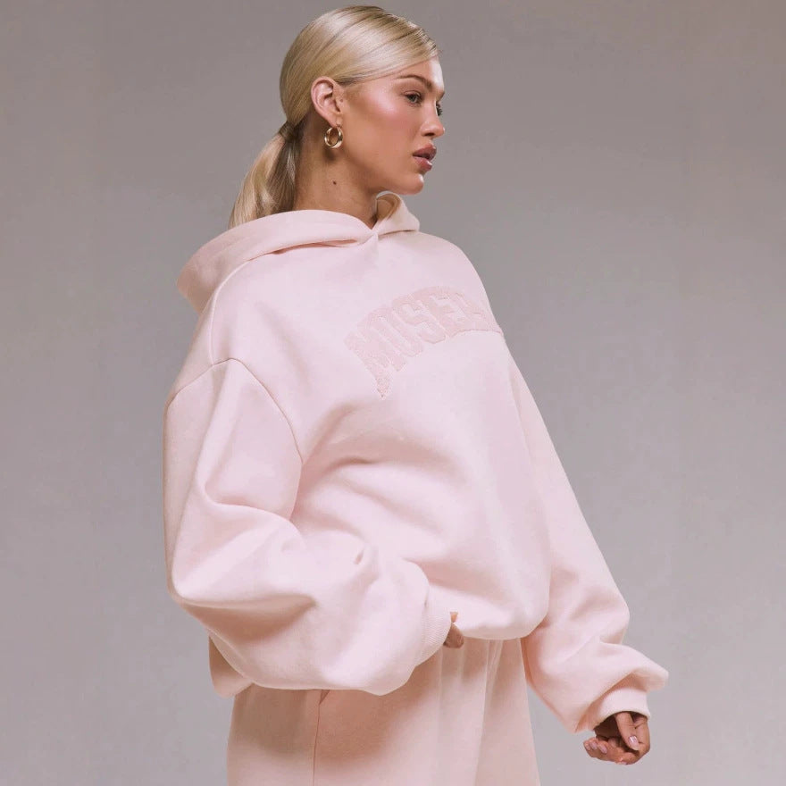 Amazon fashion cross-border  light pink casualcasualsuit same color flocking short hooded sweatshirt