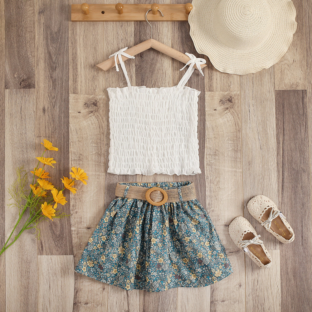 summer new arrival: sweet and fresh e-commerce style girls' two-piece set - floral print camisole and pleated mini skirt