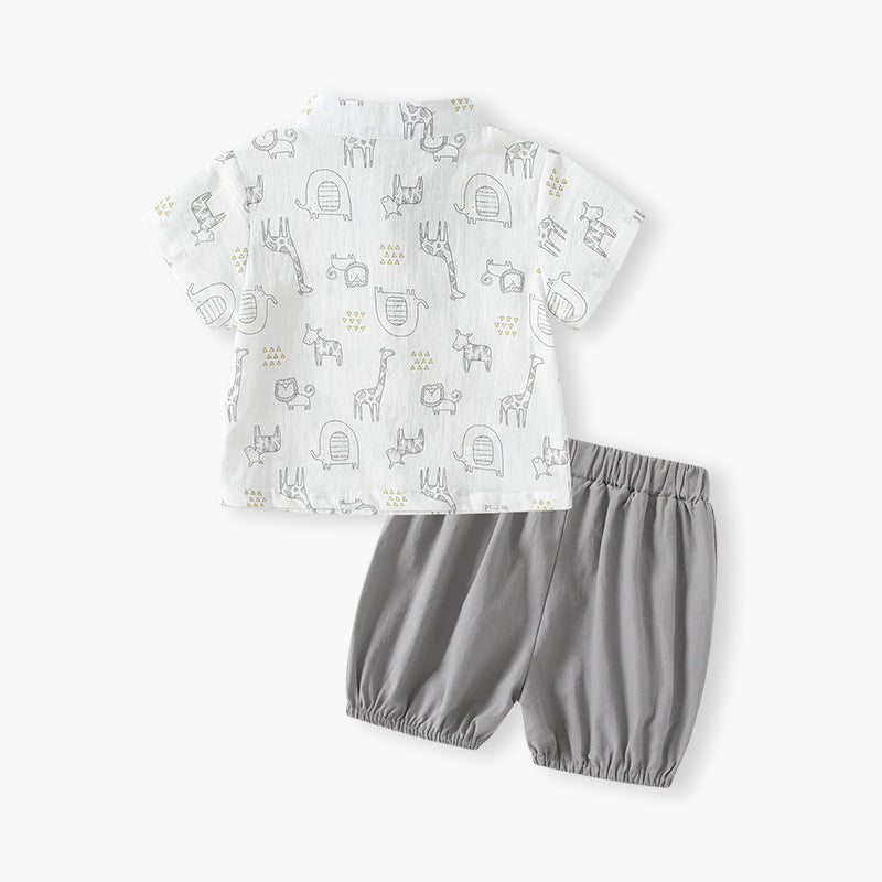 Baby summer outfit set: trendy cartoon animal print shirt & cute casual pants - korean style two-piece set for boys