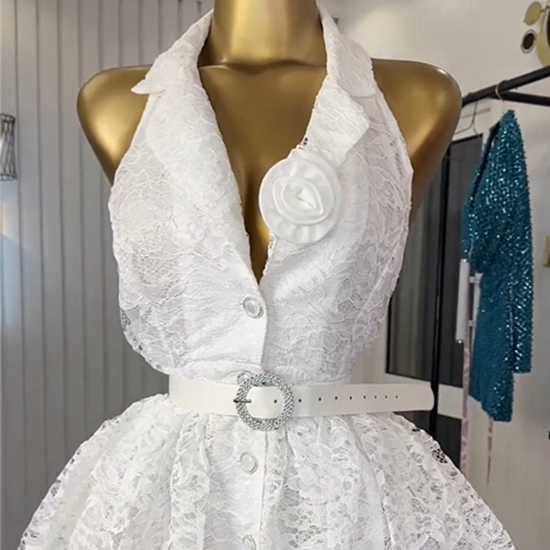 European and american cross-border women's fashion:  autumn new arrival - elegant, designer, 3d floral, cinched waist, lace sleeveless dress