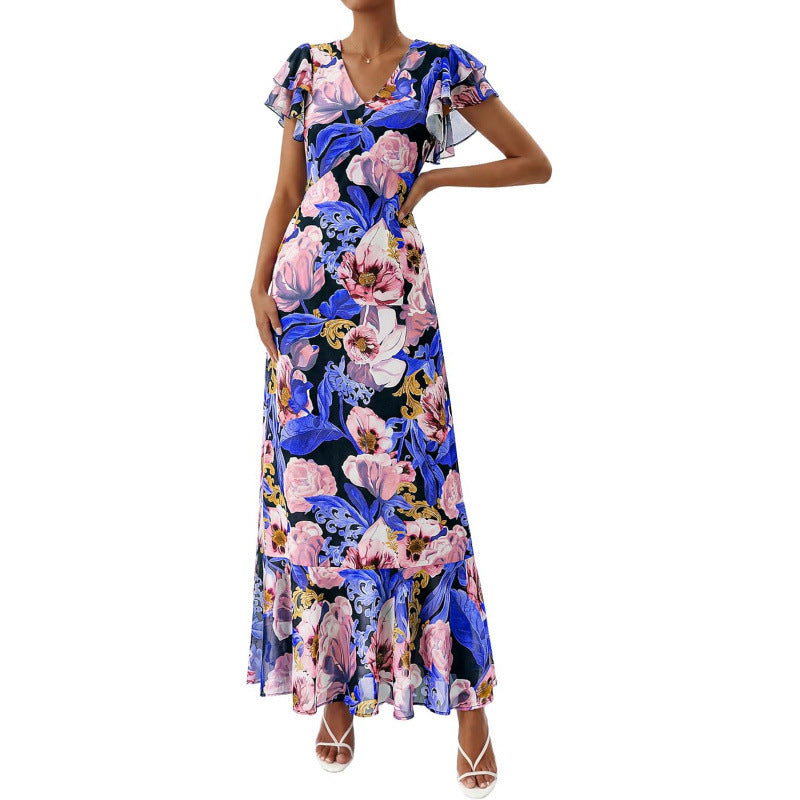 Summer floral maxi dress  spring short sleeve ruffle v-neck flowy bohemian beach vacation sundress