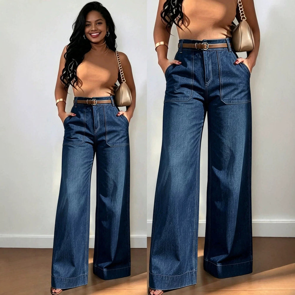 Fashionjeans women's dark blue topstitch large flap pocket pants wide-leg pants american high waistdrapedloosestraight-leg denim pants