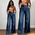 Fashionjeans women's dark blue topstitch large flap pocket pants wide-leg pants american high waistdrapedloosestraight-leg denim pants