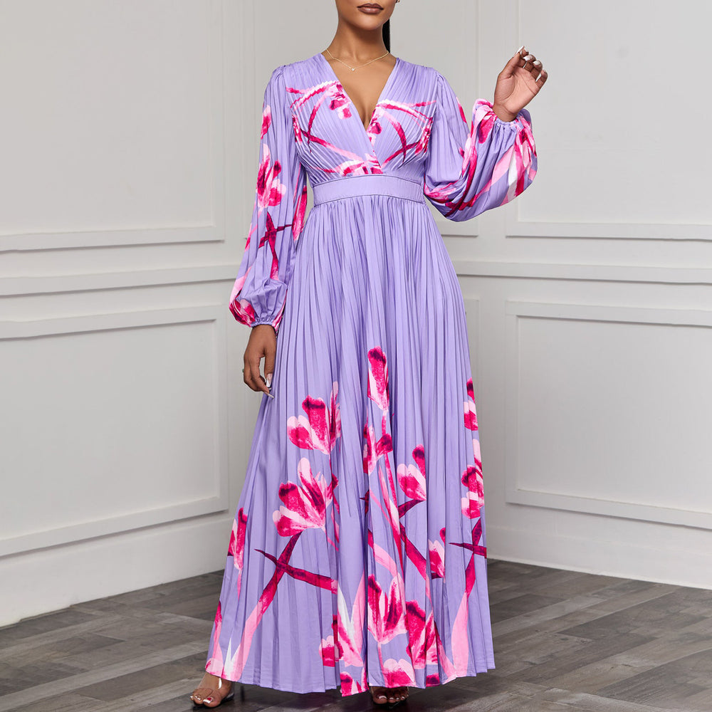 C8582 cross-border new arrival  women's v-neck long sleeve slim-fit printed pleated maxi dress - elegant export dress