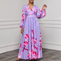 C8582 cross-border new arrival  women's v-neck long sleeve slim-fit printed pleated maxi dress - elegant export dress