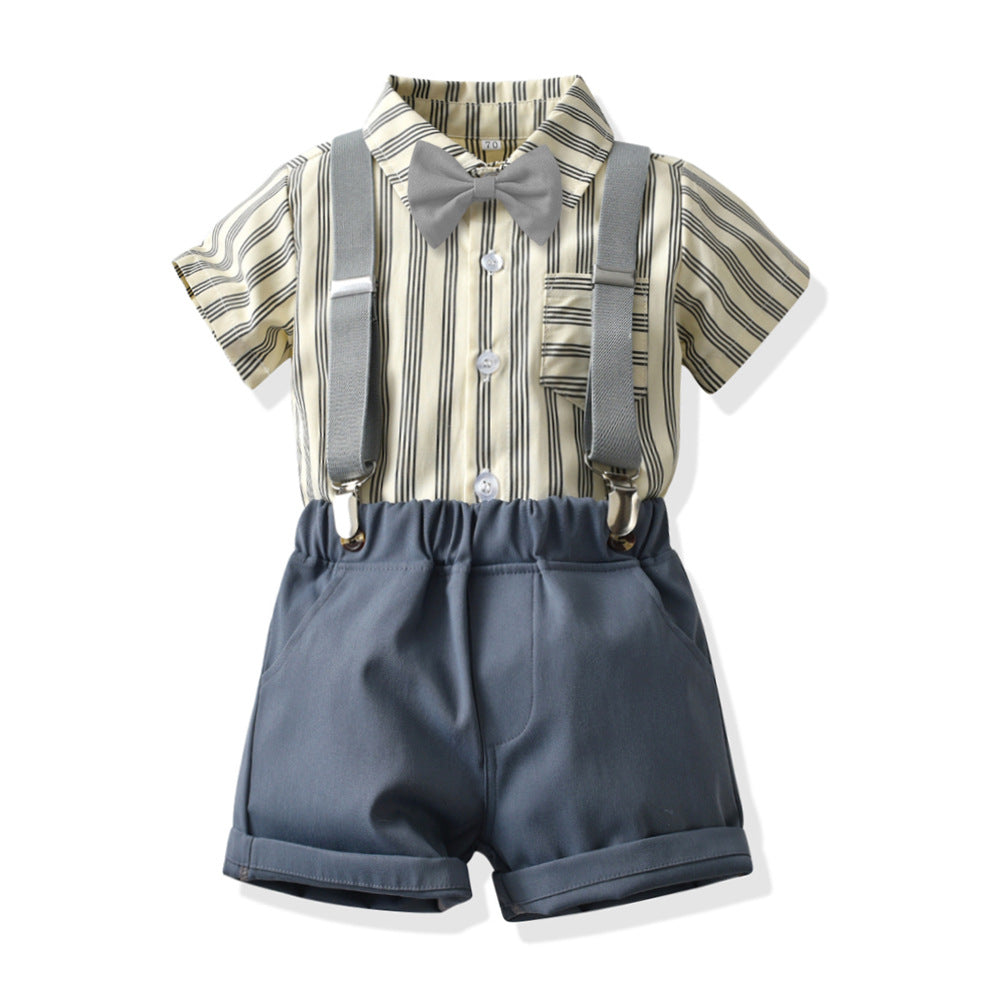 Korean style kids' outfit: new trendy striped short-sleeve overalls two-piece set for boys - lightweight summer korean fashion children's clothing