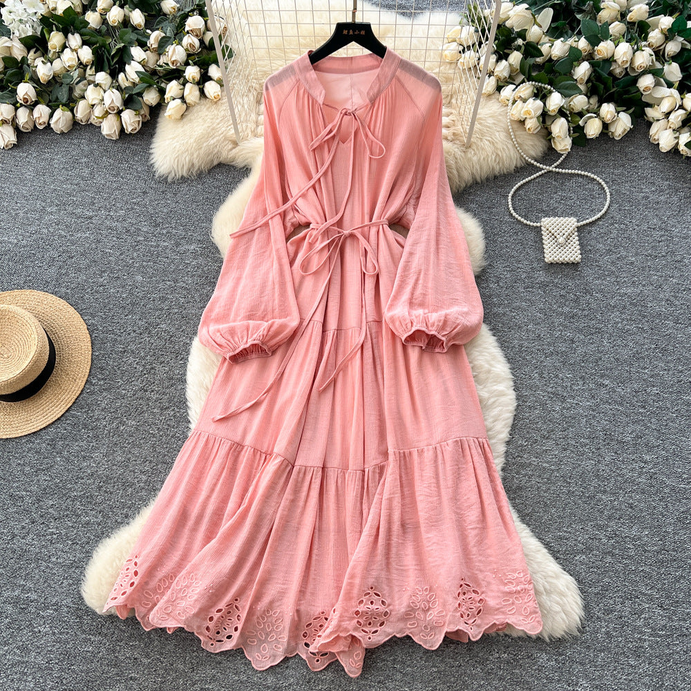 French chic tie-waist lantern sleeve cutout embroidered maxi dress - autumn/winter high-end women's dress