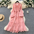 French chic tie-waist lantern sleeve cutout embroidered maxi dress - autumn/winter high-end women's dress