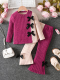 autumn girls' outfit: color block ribbed long sleeve top with bow detail and micro-flare pants - kids' two-piece set