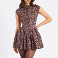fall/winter new european and american style cross-border women's sexy backless round neck slimming leopard print pleated dress