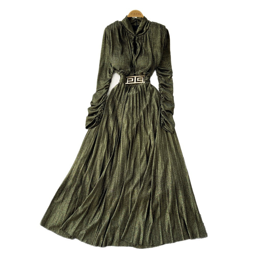 high-end v neck pleated long sleeves waist dress women's slimming look a-line long skirt work clothingelegant large swing long skirt