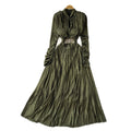 high-end v neck pleated long sleeves waist dress women's slimming look a-line long skirt work clothingelegant large swing long skirt