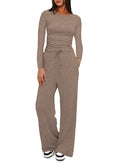 cross-border fashion  new product pure color casuallong sleevessuittopshigh waistloose pants sportswear
