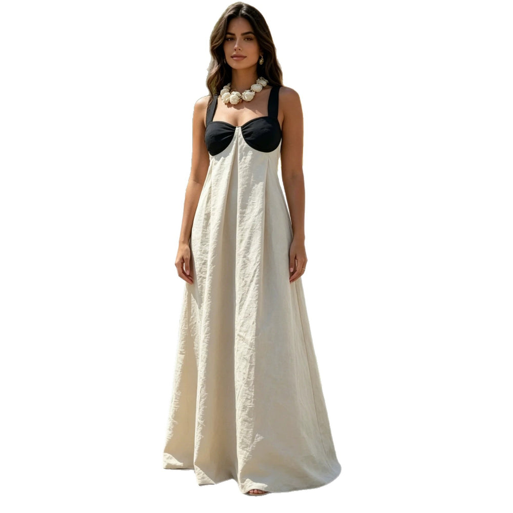 spring european and american cross-border casual and lazy style trendy wide shoulder strap contrast color tube top suspender large swing long skirt