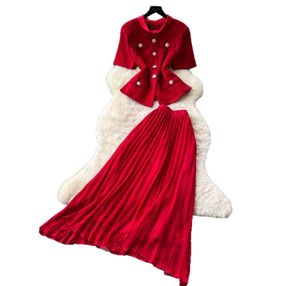 export tweed style short-sleeved stand-up collar topspleated skirttwo-piece setfemale spring and summerwork clothingeleganceelegantsuit