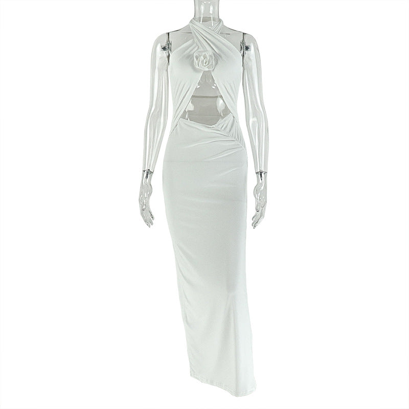 European and american style women's foreign trade dress - hollow-out, fashionable slit, pleated, backless, bodycon, criss-cross halter neck, solid color maxi dress