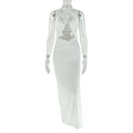 European and american style women's foreign trade dress - hollow-out, fashionable slit, pleated, backless, bodycon, criss-cross halter neck, solid color maxi dress