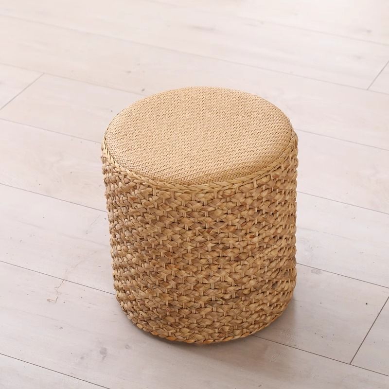 Rattan chinoiserie solid wood straw makeup low drum stool for home living room coffee table shoe changing stool guzheng piano board tall round stool