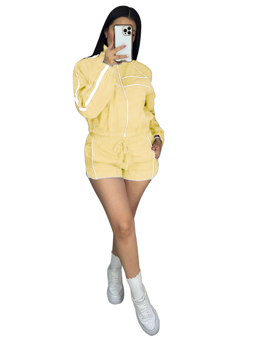 european and american style sexy hot girl long sleeve zipper color block webbing shorts women's two-piece set