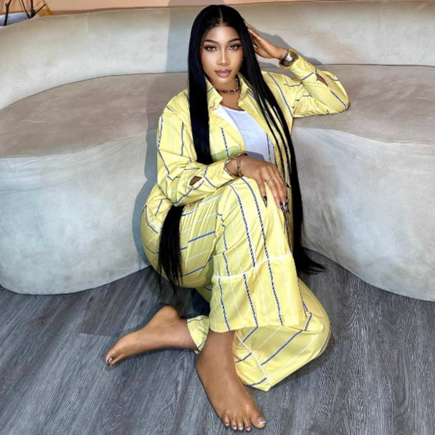 European and American large-size women's striped cardigan lapel long-sleeved shirt wide-leg pants African women's casual foreign style two-piece set