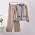 French chic goddess style: trendy denim & knit patchwork crewneck jacket + high-waisted wide-leg pants two-piece set