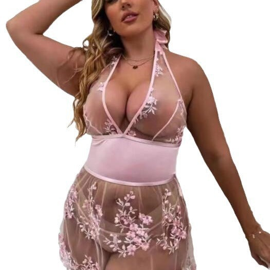 Transparent temptation halter lingerie see-through mesh sexy nightgown embroidered erotic sleepwear teasing seduction set